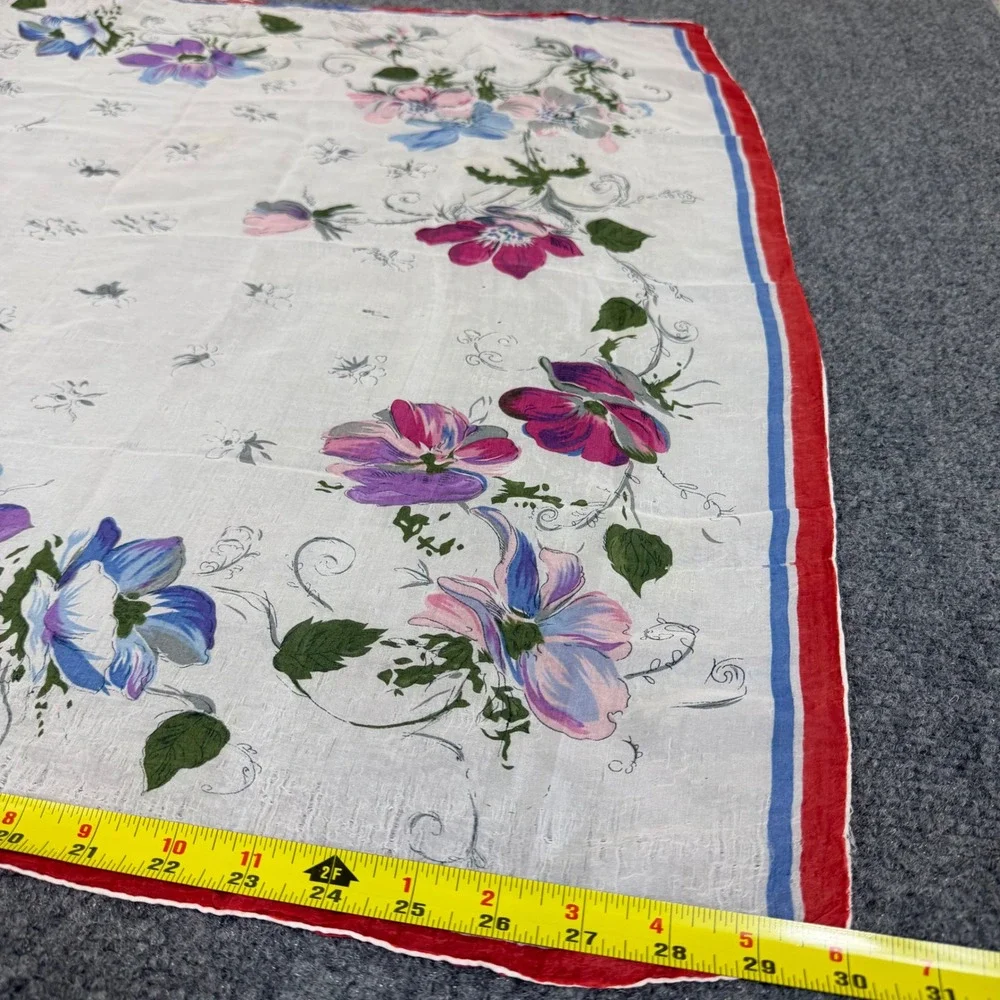 Vintage Floral Handkerchief Scarf White Pink Blue Anemone Flower Red Blue Border